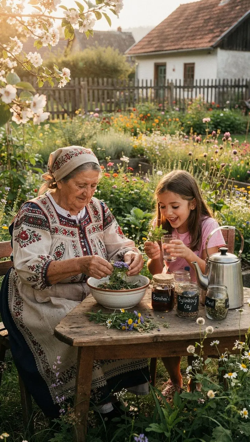 Tradičné slovenské čajové súpravy s ozdobnými vzormi a farbami.